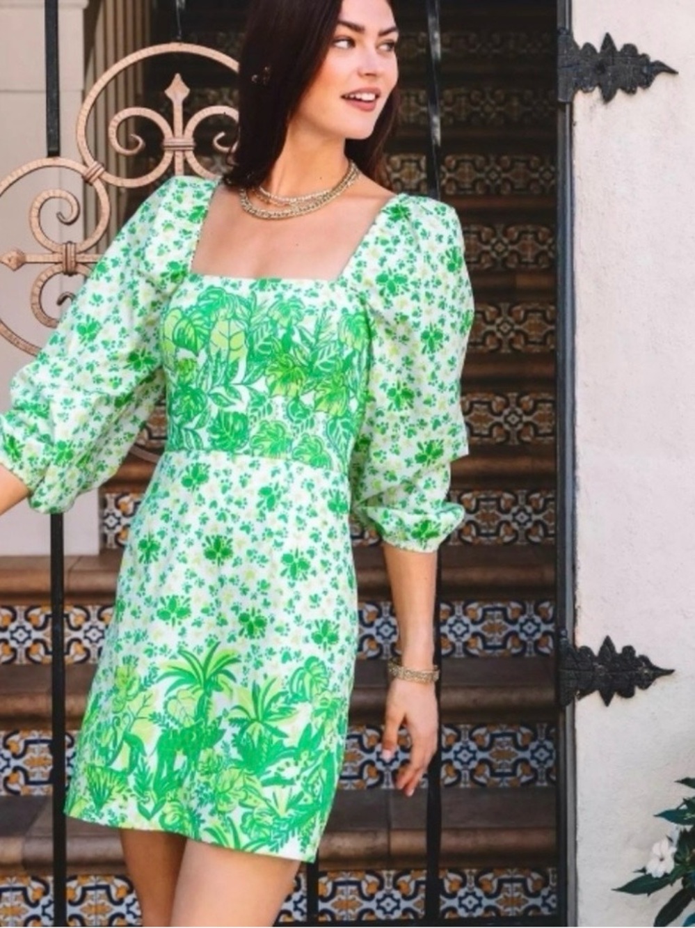 Lilly Pulitzer Green & White Floral Puff-Sleeve Romper